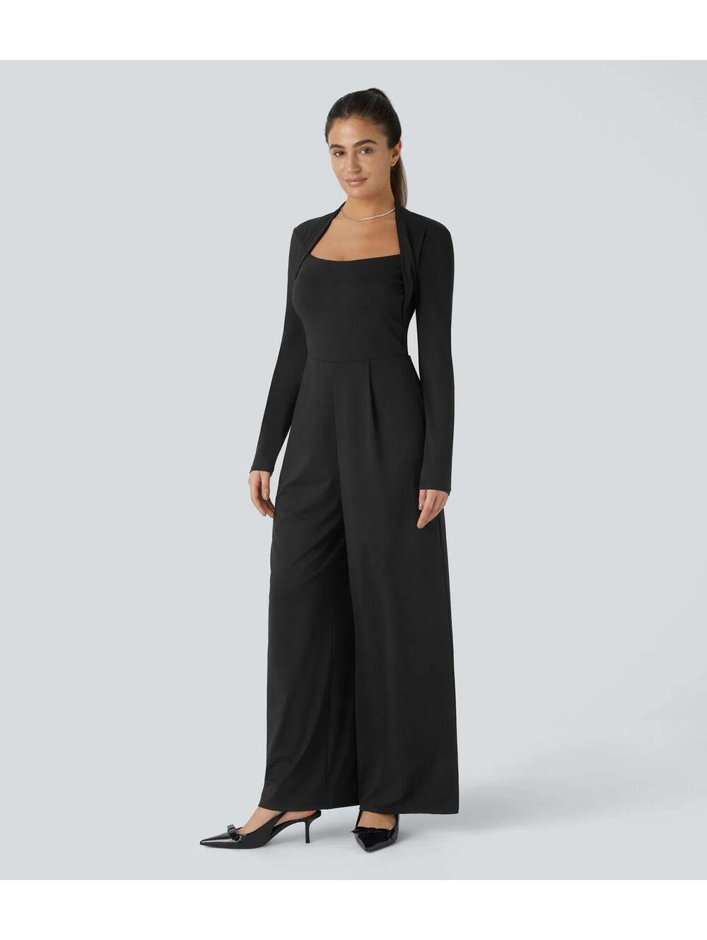NWT Halara Long Sleeve Wide Leg Black Jumpsuit Size Large - Picture 3 of 6